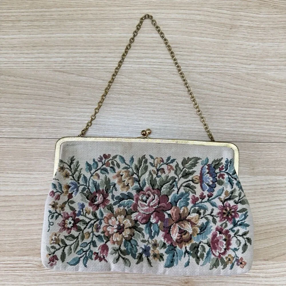 Vtg Needlepoint Tapestry Bag Handmade Floral Grandmacore 50s MCM Evening Classy